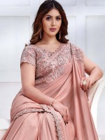 Peach Pink Pure Crepe Georgette Saree